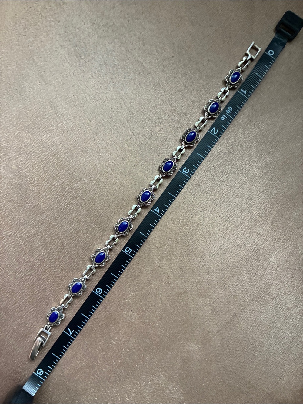 925 Antique Sterling Silver Bracelet with Blue Stone Accents - Picture 3 of 7